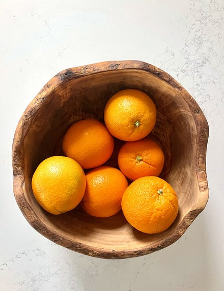 Elegant rustic edges Wooden Bowl with oranges, hand carved in Tunisia