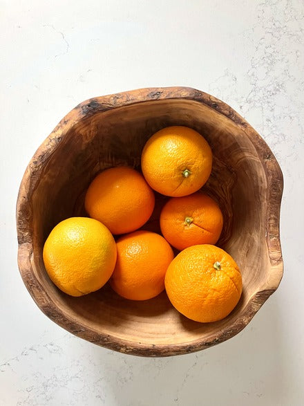 Elegant rustic edges Wooden Bowl with oranges, hand carved in Tunisia