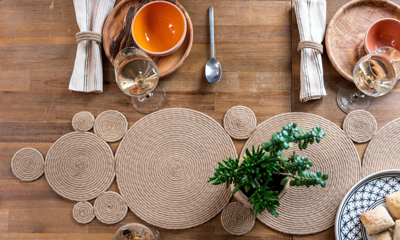 Aerial view of wooden table set up with ZOUZ IN's dinnerware products