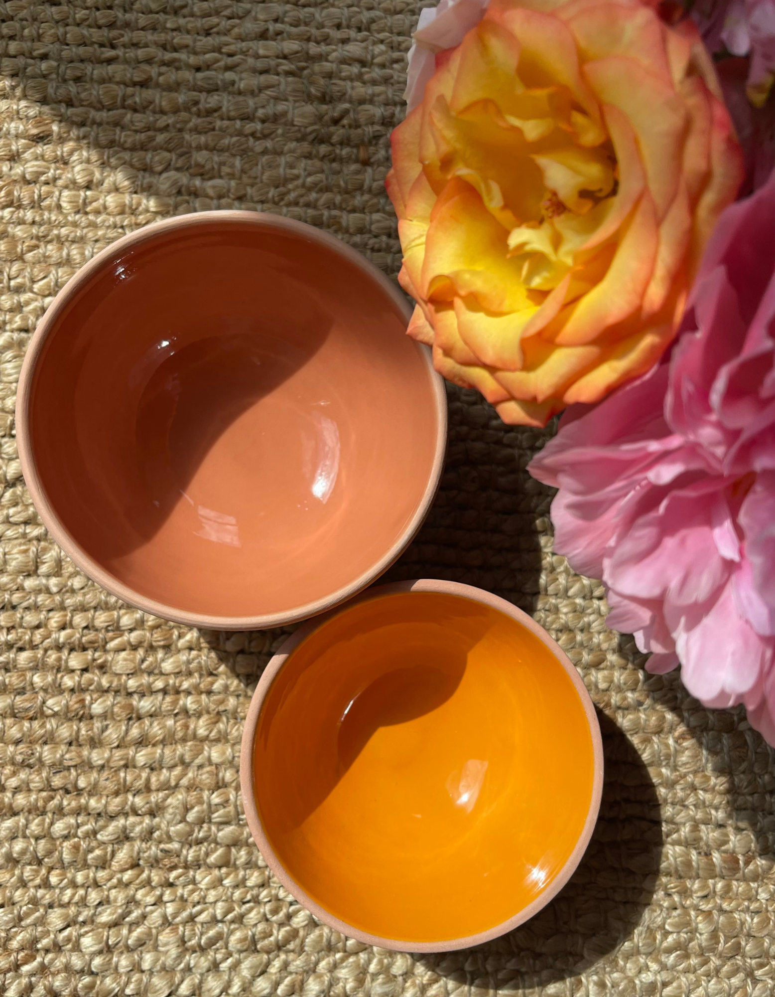 Orange and Peach Tunisian ceramic bowls and flowers